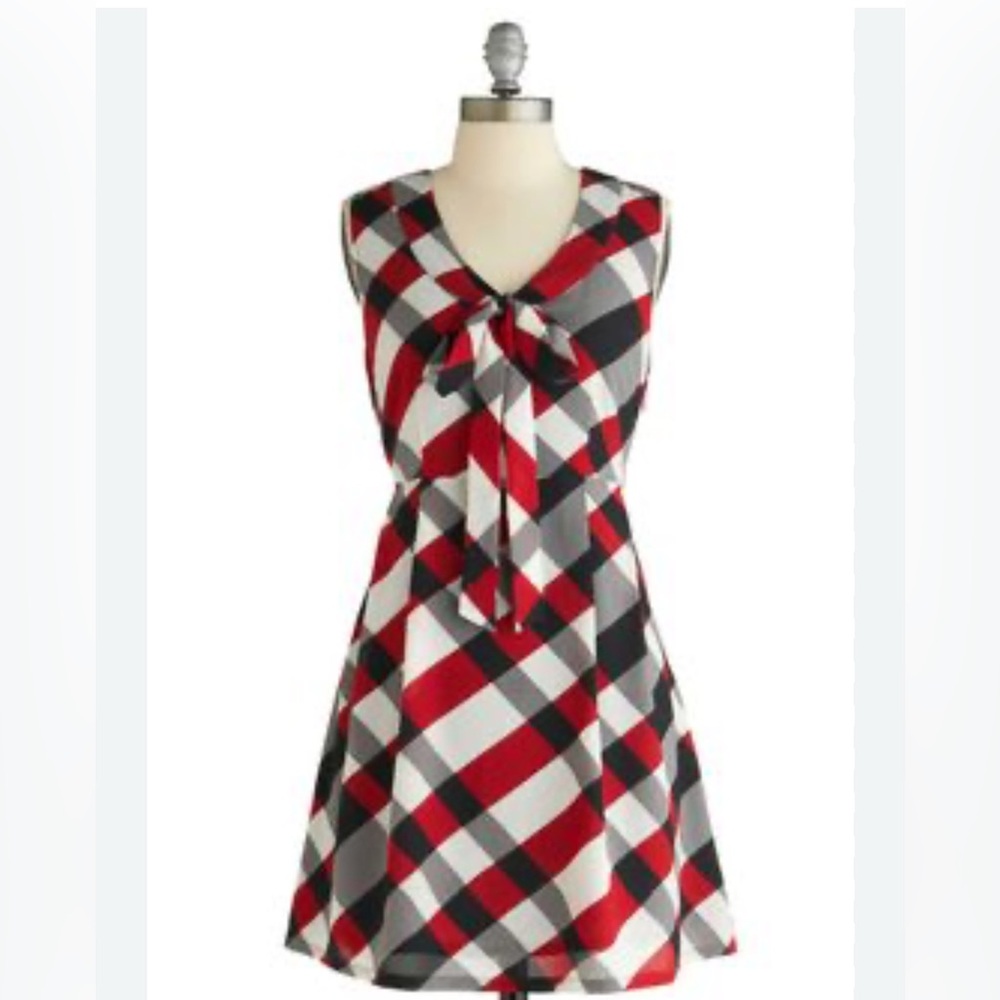 Tulle Red Black Gray Plaid Tie-Front Mini Dress